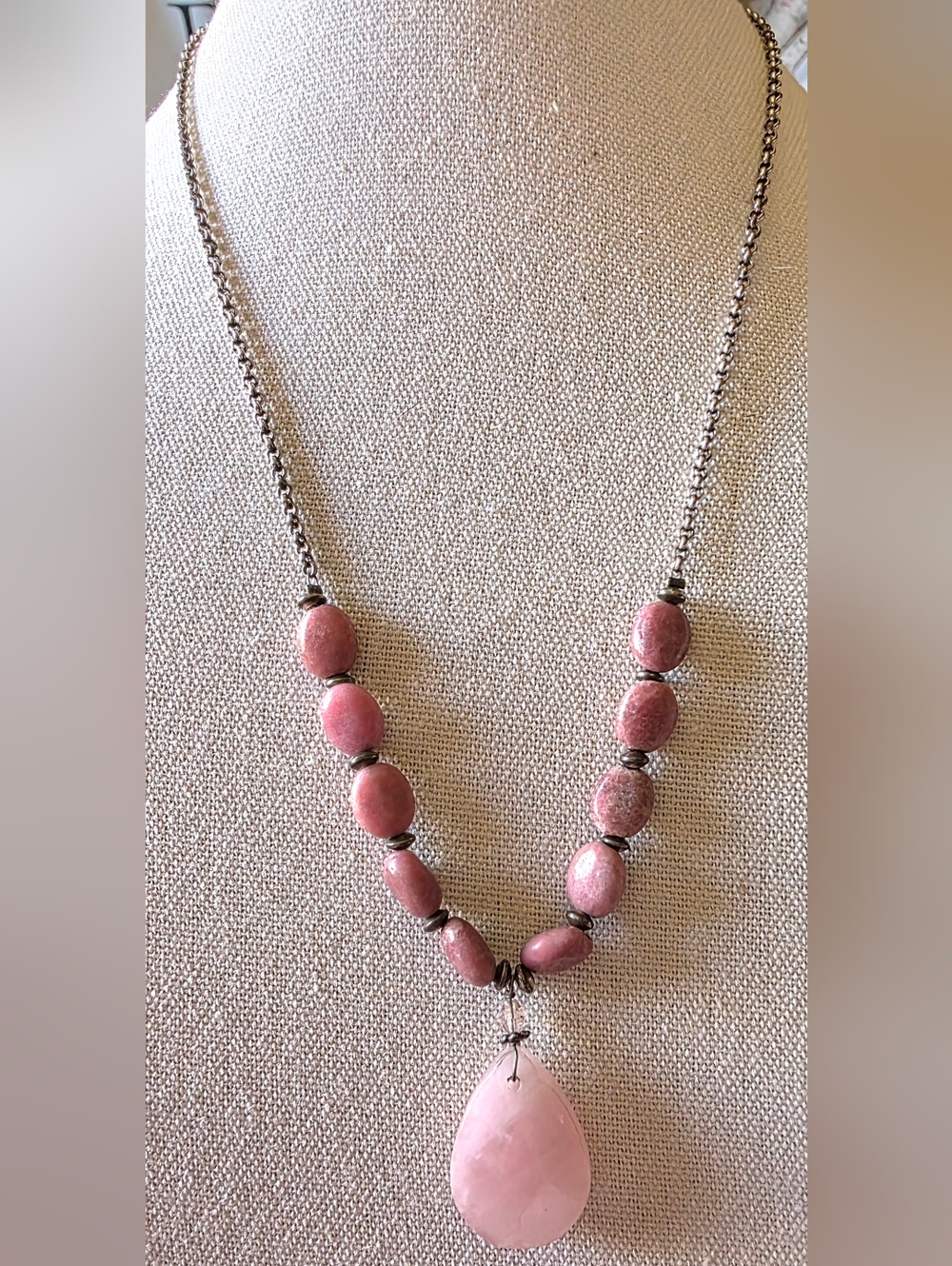 Handmade rhodonite and rose quartz gemstone necklace.